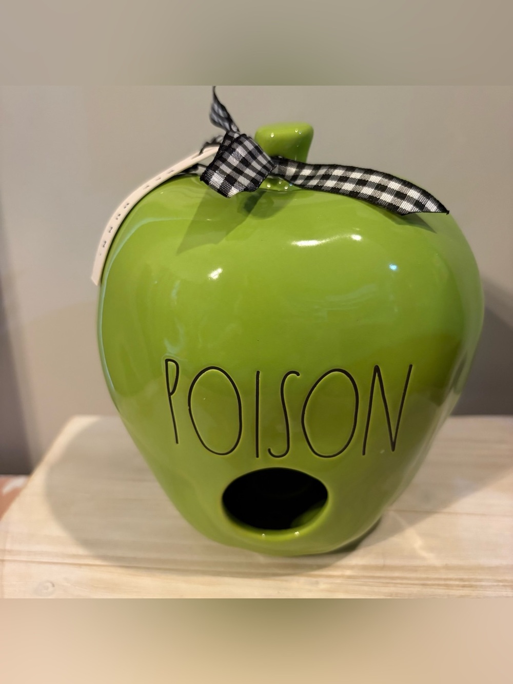Rae Dunn Lime Green Ceramic 'POISON' Apple Accent with Gingham Bow